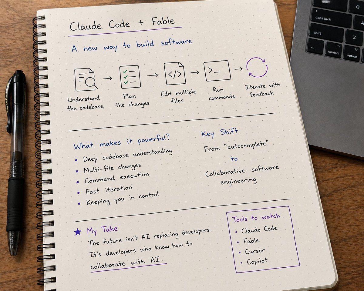 digv_pundir's tweet photo. Everyone's talking about Claude Code and Fable right now.

After trying them, one thing became clear:

We're moving from AI that answers questions to AI that helps build software.

The interesting part isn't just code generation.

It's the workflow.

→ Understand the codebase
→ Plan the changes
→ Edit multiple files
→ Run commands
→ Iterate with feedback
This is a big shift from "autocomplete" to collaborative software engineering.

As someone building production AI applications, I think the next competitive advantage won't be the model itself.
It will be how well we design AI-powered developer workflows, integrate tools, maintain context across large codebases, and keep humans in control.
The future of software engineering isn't AI replacing developers.

It's developers who know how to collaborate with AI.

Have you tried Claude Code or Fable yet? What's impressed you the most?

#ClaudeCode #AIEngineering #GenAI #DeveloperTools #LLM #AIAgents #BuildInPublic