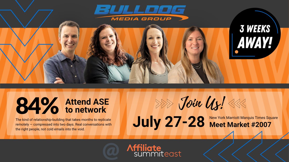 BulldogMediaGr's tweet photo. 📅 3 weeks until #ASE26!

Meet the BMG team at Meet Market, Table #2007.

Come connect with Scot Rumsey, Shayna Dwyer, Erin Benson &amp; Kirsten Thuringer about partnerships, lead generation &amp; affiliate marketing.

See you in NYC! 🗽

#AffiliateSummitEast #AffiliateMarketing #ASE26 https://t.co/0QXTVledRc