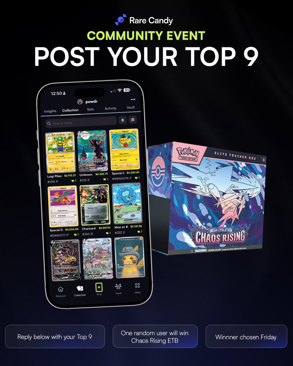 RareCandy's tweet photo. 🍬 We love seeing the Rare Candy community share their Top 9 cards on their profiles! 

🎁 You guys have some cool cards and now we’re asking to see them again, only this time one lucky person gets a prize!

⬇️ Reply with your Top 9s below, we’ll pick one person on 07/11/26! https://t.co/L84tNs9LHf