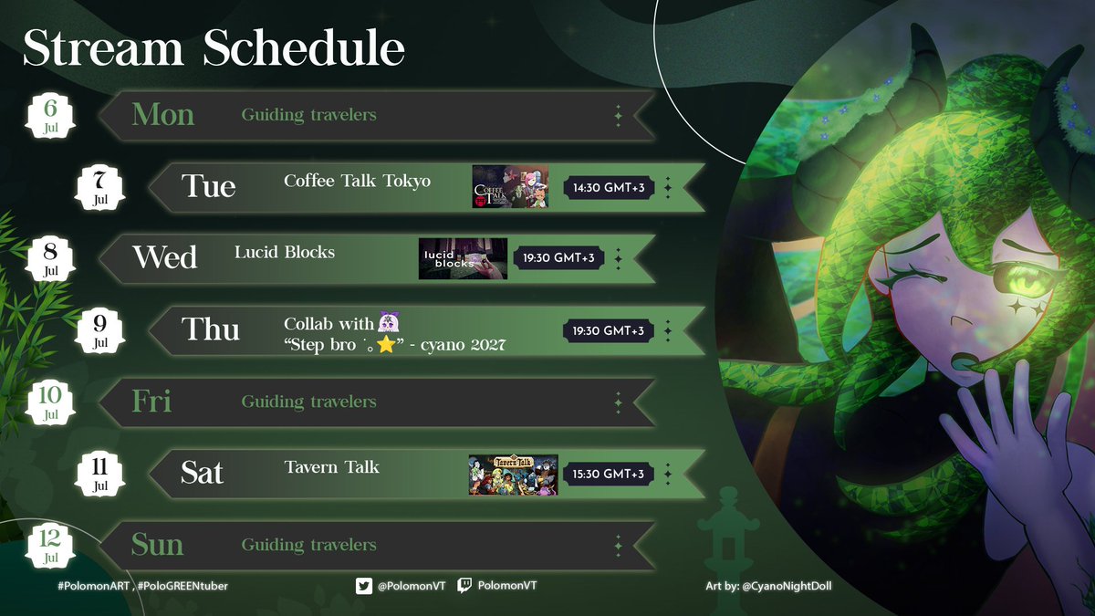 PolomonVT's tweet photo. Hello travelers!

I know I am VERY late BUT here once again I present to you this week stream (GREEN) schedule https://t.co/EduhrmuEDW
