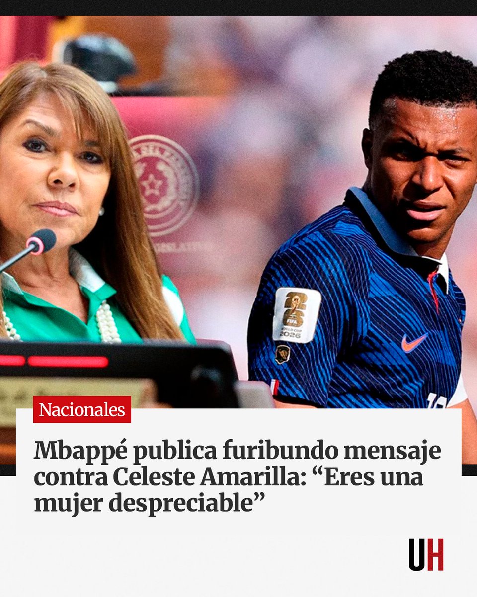 UltimaHoracom's tweet photo. La senadora Celeste Amarilla se refirió al astro del fútbol mundial Kylian Mbappé como “camerunés colonizado fingiendo ser francés” y este utilizó su cuenta oficial de X para responder. 

“Madame Celeste Amarilla, usted es una mujer despreciable e indigna de su cargo”, tiró el futbolista del Real Madrid.

https://t.co/A06L2aI8br
