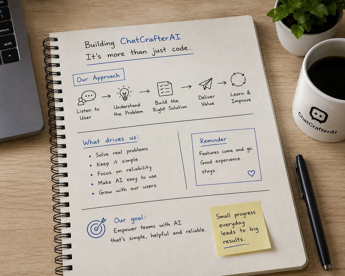ChatCrafter_AI's tweet photo. One thing I've learned as an AI founder:

Building the product is only half the job.

The other half is understanding your users.

Every feature starts with a simple question:

"What problem does this solve?"

Sometimes the best decision isn't adding another AI capability—it's making an existing workflow simpler, faster, or more reliable.

At ChatCrafterAI, we spend as much time listening to feedback as we do writing code.

The goal isn't to build the most feature-rich AI platform.

It's to build one that people genuinely enjoy using.

What has been the most valuable lesson you've learned while building a product?

#BuildInPublic #StartupJourney #SaaS #Entrepreneur #AI #CustomerFeedback