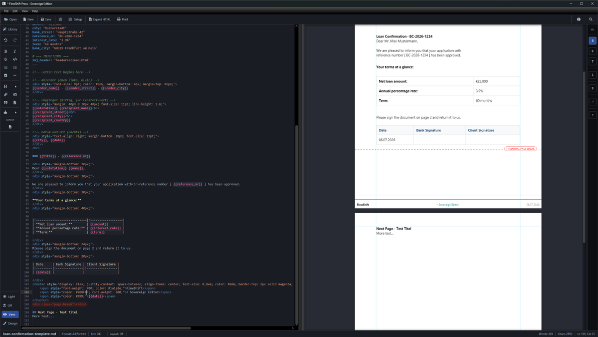 HZschuppan79649's tweet photo. 🆕 FlowShift: Footers now stick to page bottoms!
✅ Absolute Positioning for Footers
✅ Manual Page Breaks (.page-break)
✅ WYSIWYG Principle
✅ Footer Toggle in Print Dialog
Perfect for letters, contracts, invoices.
#FlowShift #SovereignEditor #DocumentIntelligence https://t.co/w9KjRKF1Zn