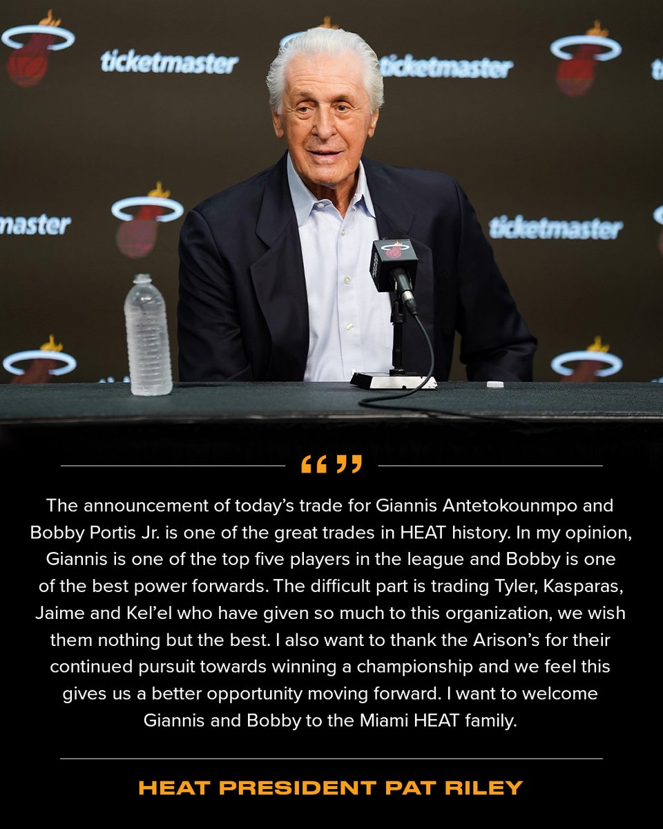 MiamiHEAT's tweet photo. HEAT President Pat Riley on today's trade https://t.co/LvtgYigenV