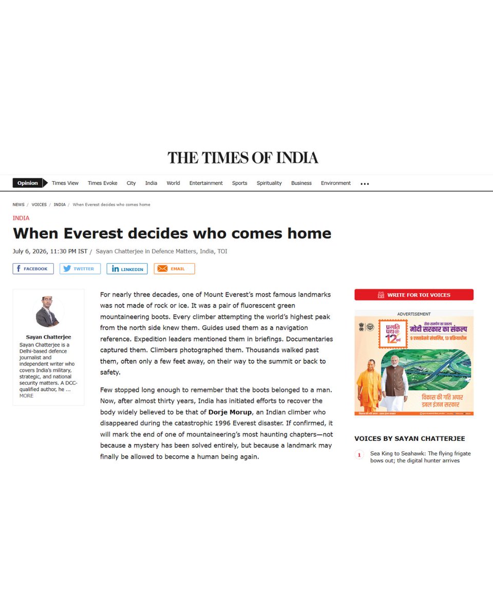 sayanyde's tweet photo. #Wanderlust || 𝐓𝐡𝐞 𝐓𝐢𝐦𝐞𝐬 𝐨𝐟 𝐈𝐧𝐝𝐢𝐚
When Everest decides who comes home.

Dated: 06th of July 2026.
 
Read here: https://t.co/KxsS3wFTkY
 
#Exploration #India #Adventure #Everest #Greenboots

@ITBP_official https://t.co/OimfS3UKIl
