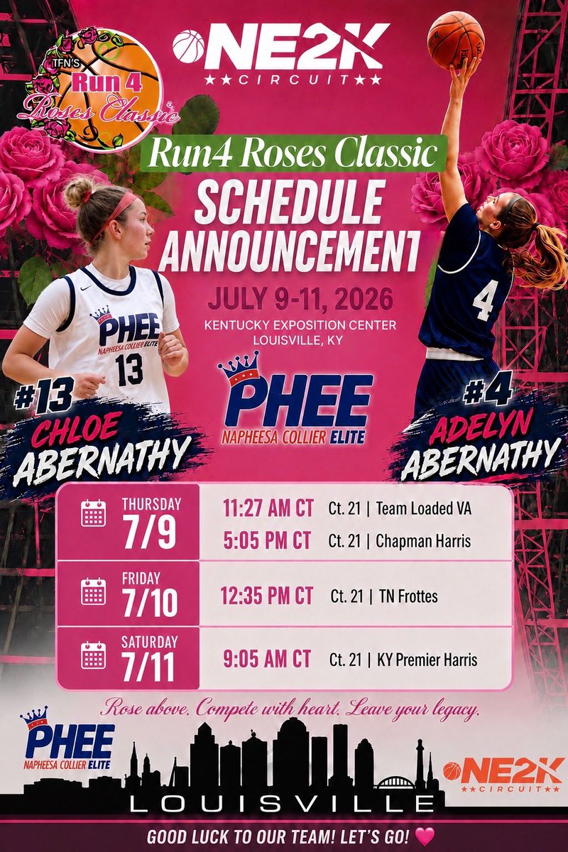 AdelynAbernathy's tweet photo. Can’t wait!! Come watch us play at Run 4 Roses this week!!
@Coach_Brent24 @NE2K_Rich @NE2KHoops @PheeElite https://t.co/CaJIpcwbU7