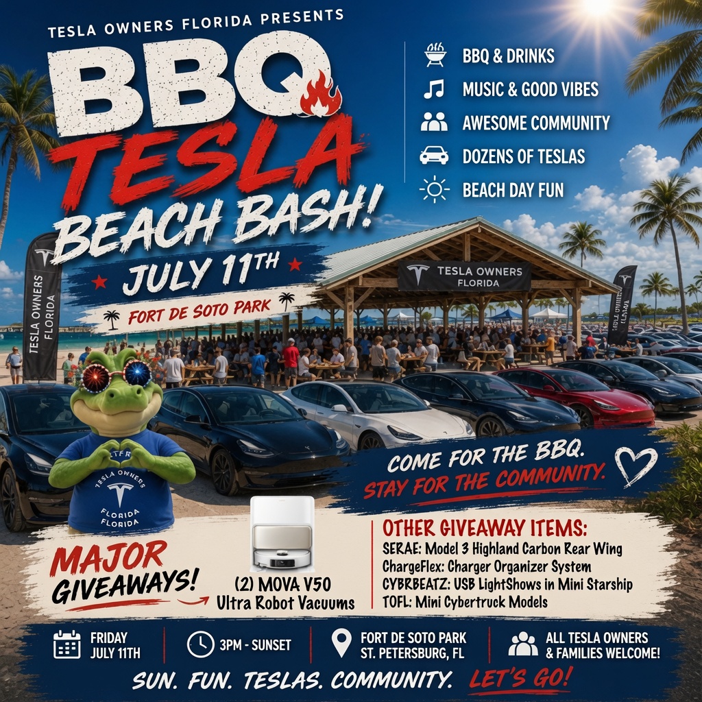 Cyberwattage's tweet photo. Join @TeslaOwnersFL for the America 250 Beach BBQ & Lightshow at Fort De Soto Park!

📍 July 11th, 2026, Pavilion 12
🕒 Starting 3:00 PM
🍔 Community Potluck BBQ — bring a dish to share!
🎆 Epic Patriotic Tesla Lightshow at sunset celebrating 250 years of America!

Huge shoutout to our amazing product sponsors for these awesome giveaways:

🔹 @movausa  — V50 Ultra Complete Robot Vacuum
🔹 SERAE — Model 3 Highland Carbon Rear Wing
🔹 ChargeFlex — Charger Organizing System

Beach vibes, great company, and unforgettable Tesla light shows — this is going to be one for the books!

Tesla owners, bring your crew and let’s make it epic! Tag your friends who need to be there 🔥

Parking fee applies. See you on the beach!