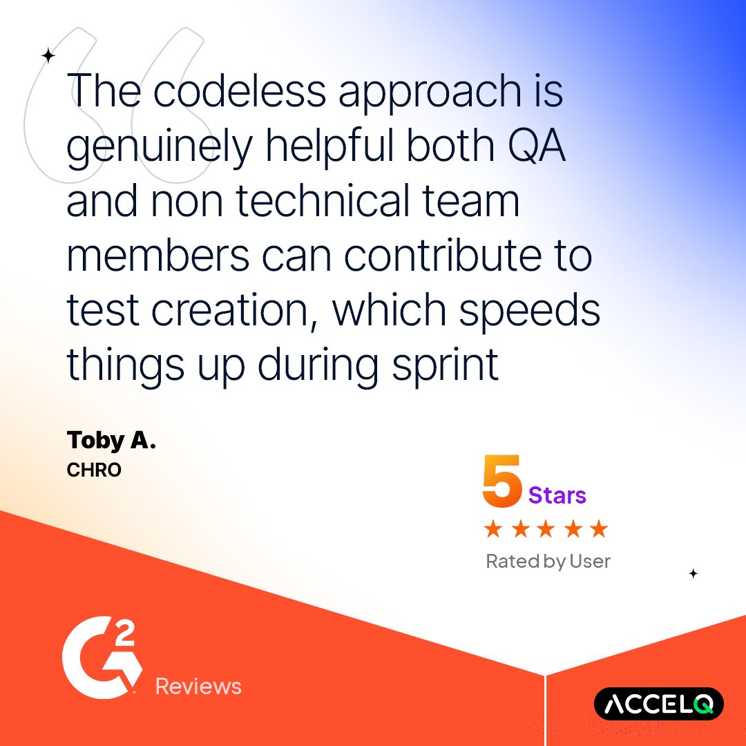 ACCELQ's tweet photo. The best validation doesn't come from us. It comes from the teams that rely on ACCELQ every day.

A huge thank you to Toby for the ⭐⭐⭐⭐⭐ review and for highlighting the impact of ACCELQ's codeless, AI-powered approach.

#ACCELQ #G2Reviews #TestAutomation #QualityEngineering https://t.co/XkKODWVg9H