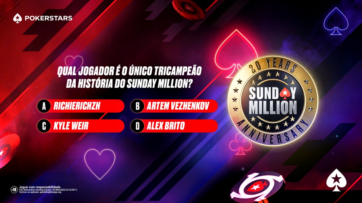 PokerStarsBR's tweet photo. Quem fez história e foi campeão três vezes do Sunday Million? 🎯
 
Se liga: UM de OITO tíquetes de US$ 5,50 pode ser seu! Responde aí!
 
⏰ Até amanhã, às 20h, no formato: X [StarsID] + #SundayMillionAnniversary
 
ℹ️ Termos se aplicam: https://t.co/Ez2i4rufFs. https://t.co/SFEW7iV1G2