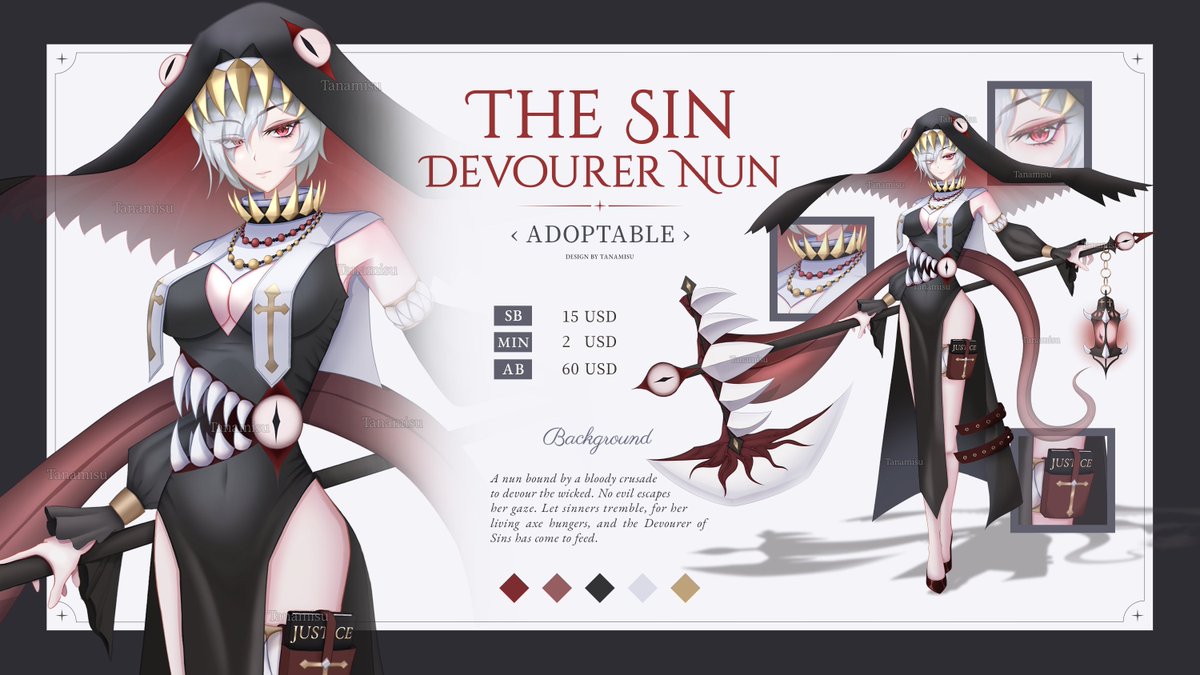 ttanamisu's tweet photo. [OPEN] Adoptable Auction | The Sin Devourer Nun
SB: 15 USD
Min: 2 USD
AB: 60 USD (Commercial use allowed)
More info on DA!
#adoptable #adopt #smallartist #characterdesign https://t.co/dFDEgDXrYW