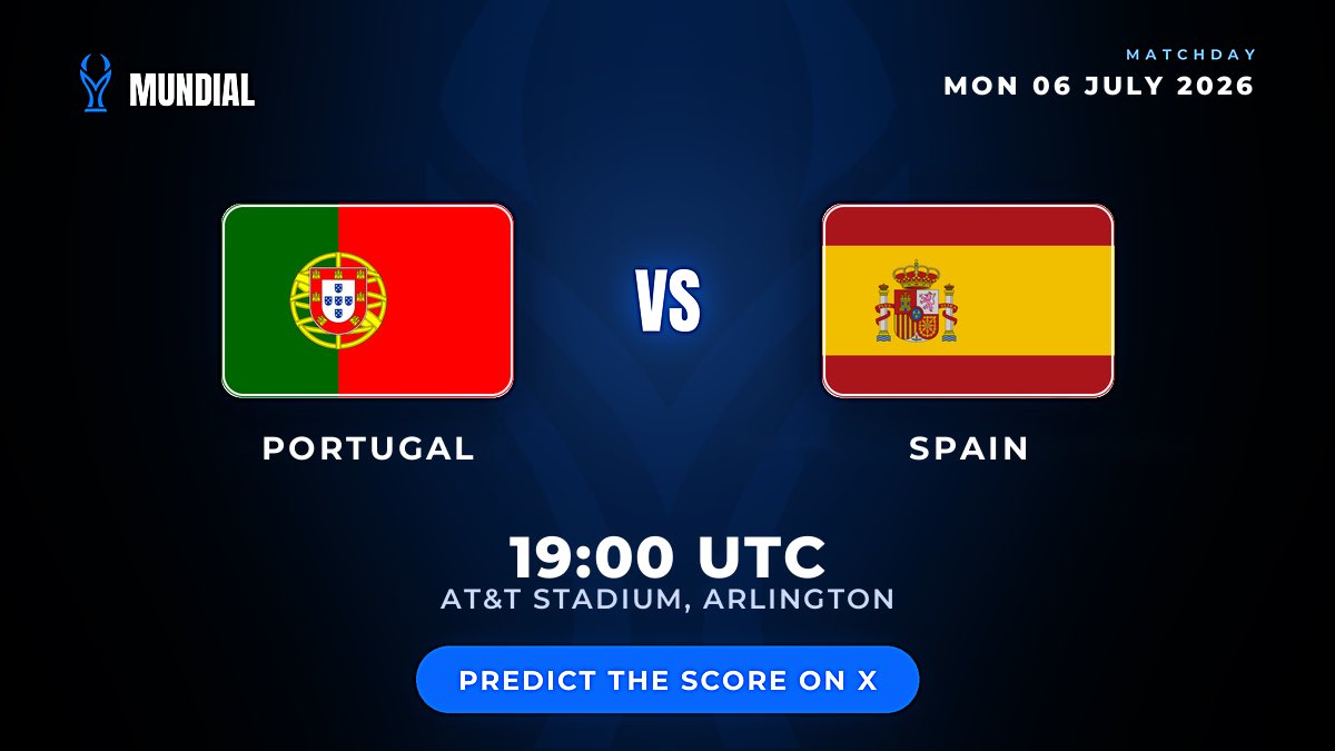 copamundialapp's tweet photo. Portugal 🇵🇹 vs Spain 🇪🇸 

Kick-off: 6 July 19:00 UTC
AT&amp;T Stadium, Arlington 

Drop your predictions in the replies below 👇 

Example: Portugal 2-1 Spain

• Include both countries
• Reply before kick-off
• Only your first valid reply counts https://t.co/EyWa6OJ0Tt