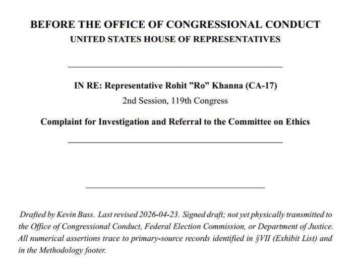 AmericaPulseNew's tweet photo. Democrat Congressman Ro Khanna from Silicon Valley just got hit with a massive 239-page ethics complaint exposing how his family made up to 108 million dollars in suspicious stock trades beating the market by 28 million while he sat on key defense and healthcare committees. They timed buys in defense stocks like Boeing Lockheed and Palantir right before big bills passed and drug stocks right before FDA decisions with thousands of trades hidden through family trusts and his wife not even using a real blind trust. Late filings galore same-day insider moves and lobbyist connections all while he pretends to be Mr Clean. This is the swamp at its finest Democrats in Congress getting filthy rich off insider info while pushing their agenda against Trump. President Trump has been exposing this corruption for years and now with real accountability coming these crooks are finally getting the heat they deserve. 

@AmericaPulseNew 

Drop a comment if you want Khanna investigated by DOJ and kicked out of Congress. 
Repost if youre sick of these career politicians enriching their families on our dime.