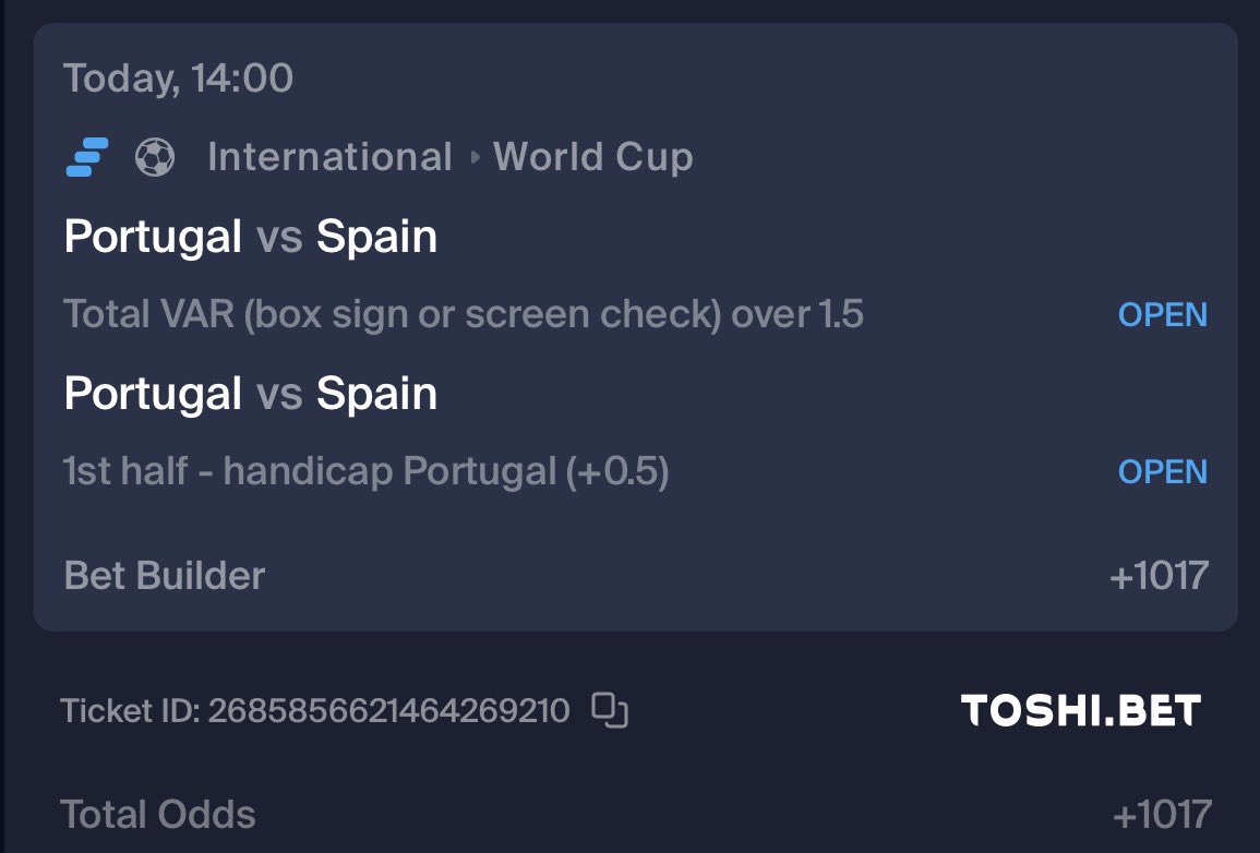 Gleobets's tweet photo. Portugal/Spain

Expect some VARs in these knockout games especially when playing against Penaldo

Get the best odds with @ToshiBet https://t.co/uh7o0wD9IE