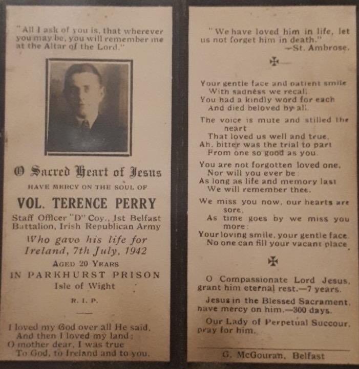 NGABelfast's tweet photo. Óglach Terence Perry, Belfast brigade Óglaigh na hÉireann, Ton Street Belfast, died while a POW in Parkhurst prison, Isle of Wight on 7/7/1942. Fuair sé bás ar son saoirse na hÉireann. https://t.co/9jAAuIKsDd