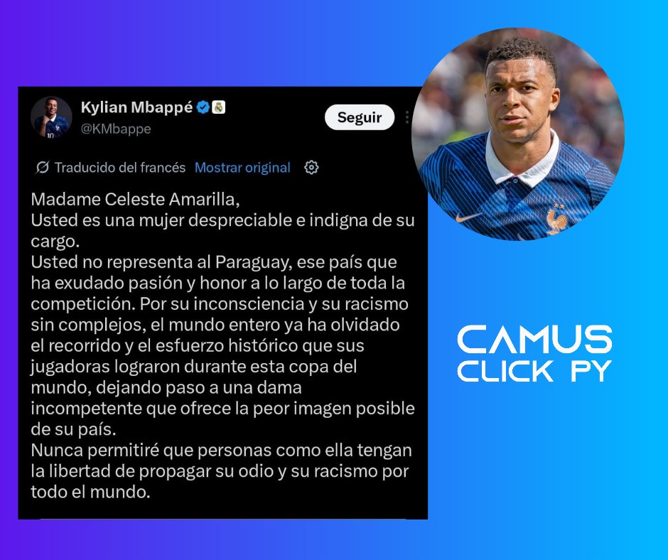 CamusClickPy's tweet photo. MBAPPE RESPONDIÓ A CELESTE AMARILLA 
La senadora lanzó un fuerte comentario en redes sociales, sobre la actitud del delantero francés, incluso utilizó palabras despectivas contra el atleta.
Kylian Mbappé respondió en su cuenta X. https://t.co/PdQyEqSSFn
