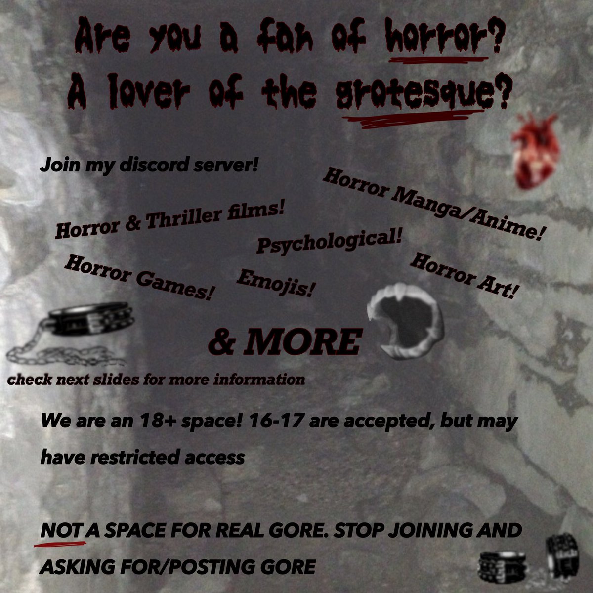 Aurelius_666's tweet photo. Bloodstained꒷꒥︶꒷  
16+

      ☰ Find horror content such as films, games, novels, &amp; manga!
      ☰ Use our horror themed emojis!
    ☰ Connect with fellow horror fans !
 ☰ Join us to watch/stream horror content !

#horror #discord #thriller https://t.co/ovYYSKTa81