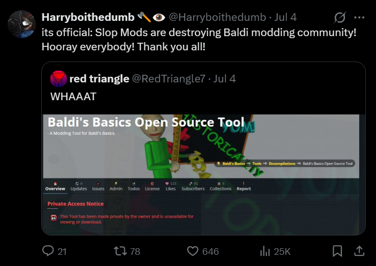 BaldiFacts1's tweet photo. like baldi's, trying to pin everything bad that's ever happened on mods you don't like is leagues of self-absorbed thought to be impossible. https://t.co/KpufnqUMIl