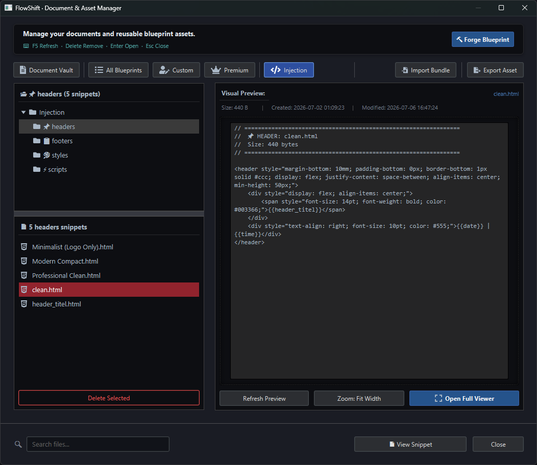 HZschuppan79649's tweet photo. 📂 FlowShift Asset Explorer now with Injection Browser!
Browse Headers, Footers, Styles & Scripts with live code preview.
Click → Insert → Done. Fast workflow for reusable snippets.
#FlowShift #Scripts #YAML #Injection #AssetExplorer https://t.co/XifyhtRx3I