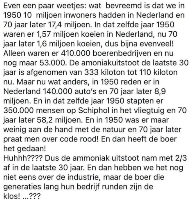 SturgesOpinie's tweet photo. Ik heb dit even uitgezocht via @grok en de AI van Google, maar het verhaal klopt. Buiten de genoemde aantallen koeien waren er ook nog ruim 2 miljoen runderen in het land en diezelfde cijfers zien we nu ook. 

Niet de koeien zijn het probleem voor ammoniak en stikstof, maar de bevolkingsaanwas. 

En wie is er verantwoordelijk voor die aanwas? De politiek gevestigde orde dus. Want in amper 76 jaar je bevolking bijna laten verdubbelen kan alleen maar mét veel problemen.