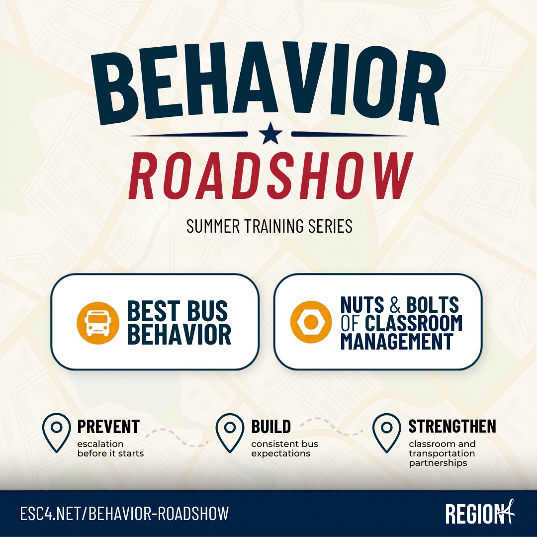 R4SpecialEd's tweet photo. Final stop for Best Bus Behavior training: July 8 in @WallerISD.

Learn to build stronger routines, prevent challenges, &amp; create supportive environments.

P.S. Nuts &amp; Bolts of Classroom Management runs through July 23 in Waller ISD and Odyssey Academy.

🔗 https://t.co/4sbS8KrBi6 https://t.co/N1RsDbe90m