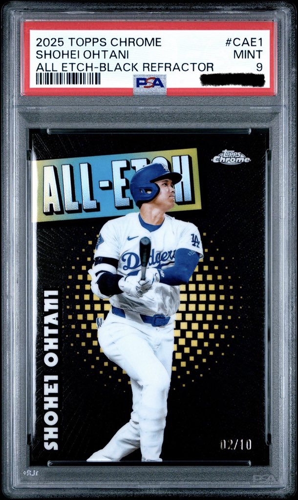 EpicCardVault's tweet photo. @CardPurchaser 2025 Topps Chrome Shohei Ohtani All Etch-Black Refractor #CAE1 PSA 9 Mint 02/10 (eBay Auction)

https://t.co/tFm7v1CZLr https://t.co/0GlBCQvag9