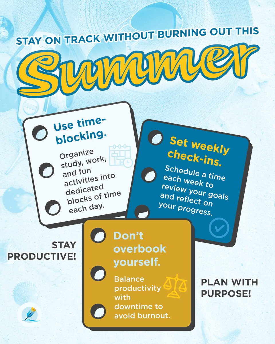 HomeworkHelpInc's tweet photo. Summer is for sunshine, relaxation… and hitting goals without crashing.

Don’t overbook yourself trying to do everything at once. Find that perfect sweet spot between productivity and downtime to stay on track and avoid burnout! https://t.co/uTHpU7Caag