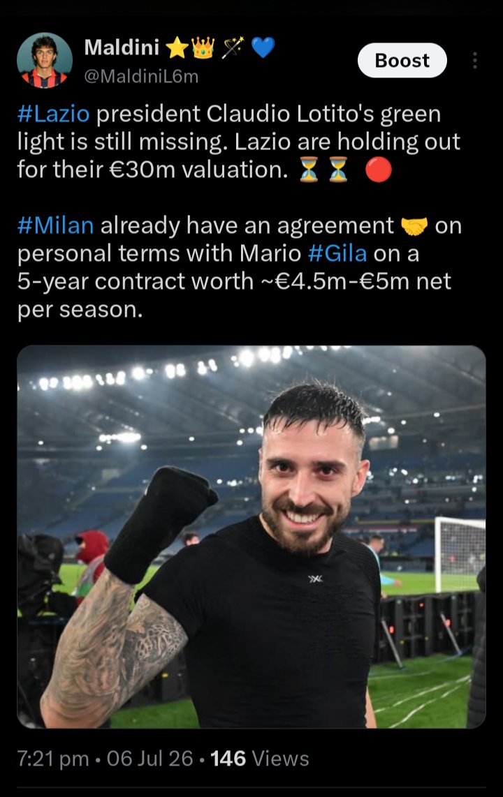MaldiniL6m's tweet photo. Confirmation of what we just said previously 👇🏾 

#Milan Lotito's green light is still missing. Lazio are holding out for Mario #Gila's €30m valuation. Patience is needed at this hour. #Lotito is not easy to deal with 

https://t.co/K3AL1GoFSR https://t.co/qmRluLngD7