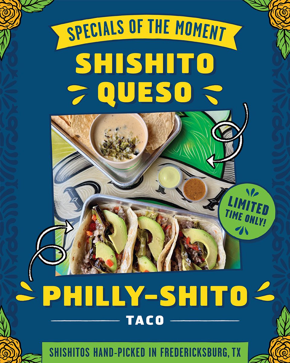 tacodeli's tweet photo. Our newest limited-time specials celebrate hand-picked Fredericksburg shishitos with two cheesy favorites: the Philly-Shitito Taco and Shishito Queso. https://t.co/AC0aDTiPC6