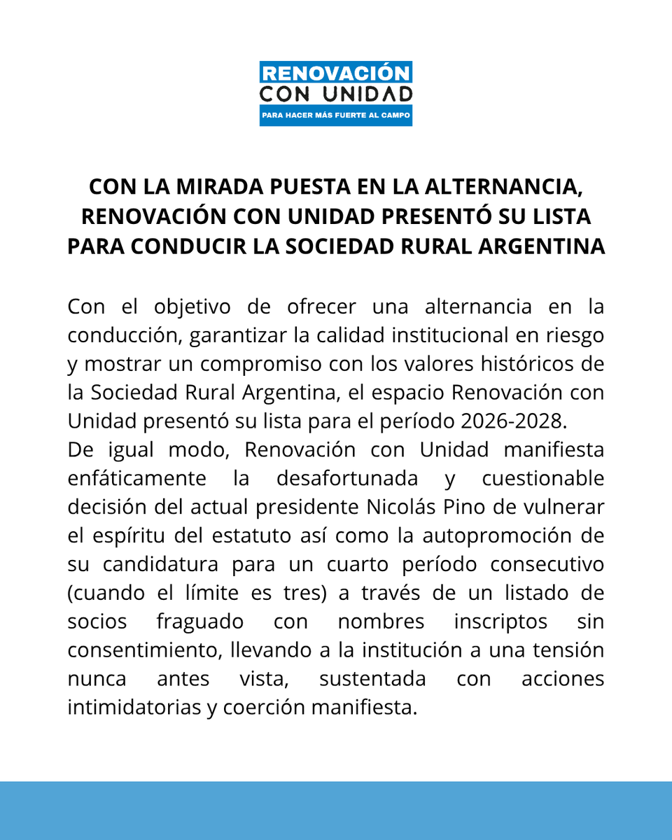 Renovconunidad's tweet photo. Con la mirada puesta en la renovación de la Sociedad Rural Argentina presentamos nuestra lista de candidatos para las próximas elecciones. En el campo la palabra vale. https://t.co/4jWrMtSBGQ