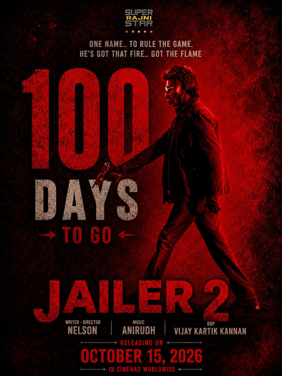 TrendzRajini's tweet photo. Jailer2 countdown⏳

Just 1️⃣0️⃣0️⃣ more days to go...

#Jailer2_Countdown 

@rajinikanth @anirudhofficial @Nelsondilpkumar @vijaykartikdop https://t.co/ARdR9A2pGG