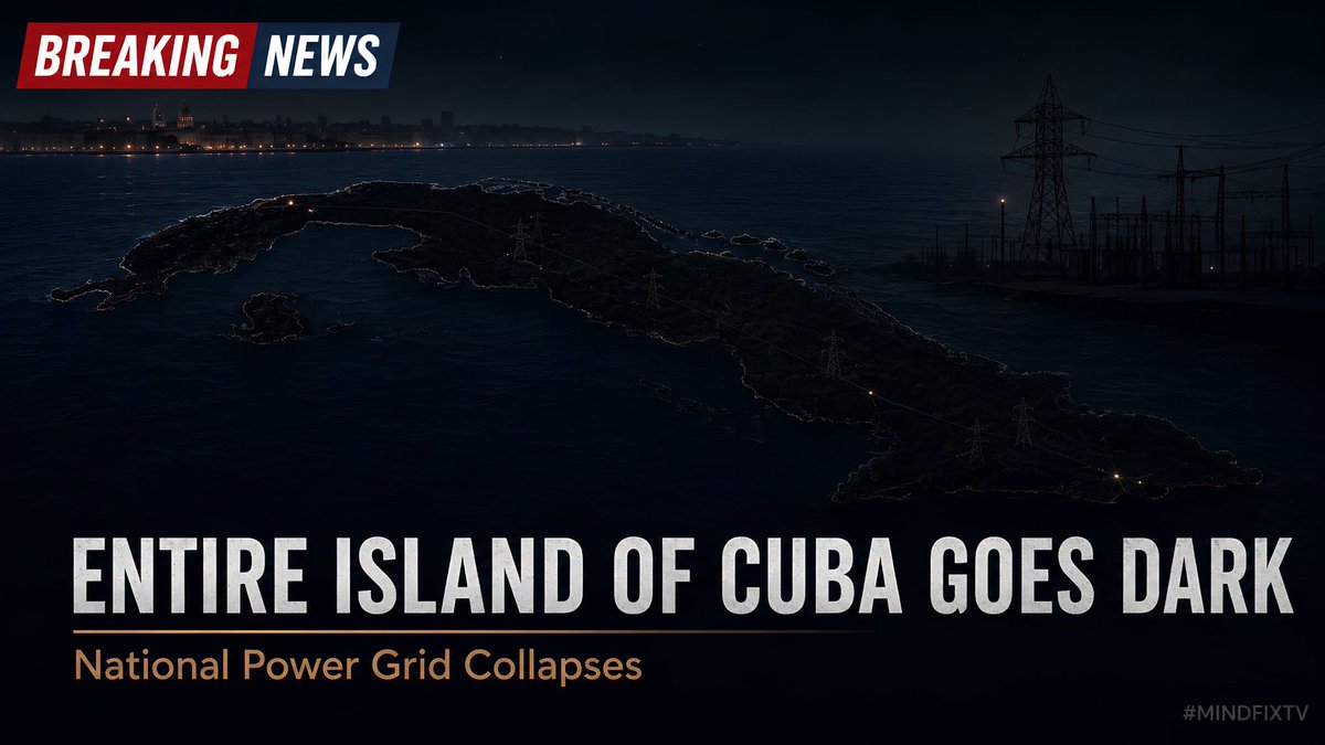 PaulGoldEagle's tweet photo. ENTIRE ISLAND OF CUBA GOES DARK AS NATIONAL POWER GRID COLLAPSES

Cuba has been hit by an island-wide blackout after the country’s national electric grid collapsed, leaving millions without power.

According to AP, Cuba’s state-run Electric Union reported the blackout and said the cause is still under investigation. The Ministry of Energy and Mines says protocols have been activated to begin restoring electricity.

This comes as Cuba continues to face a worsening energy crisis, with dwindling fuel reserves, an aging power grid, public transportation disruptions, canceled surgeries, and intentional power outages that can last more than 24 hours.

This is not just another power outage. This is an entire island going dark because a fragile system that has been under pressure for years finally failed again.

#Cuba #Blackout #EnergyCrisis #WorldNews #BreakingNews #MindfixTV