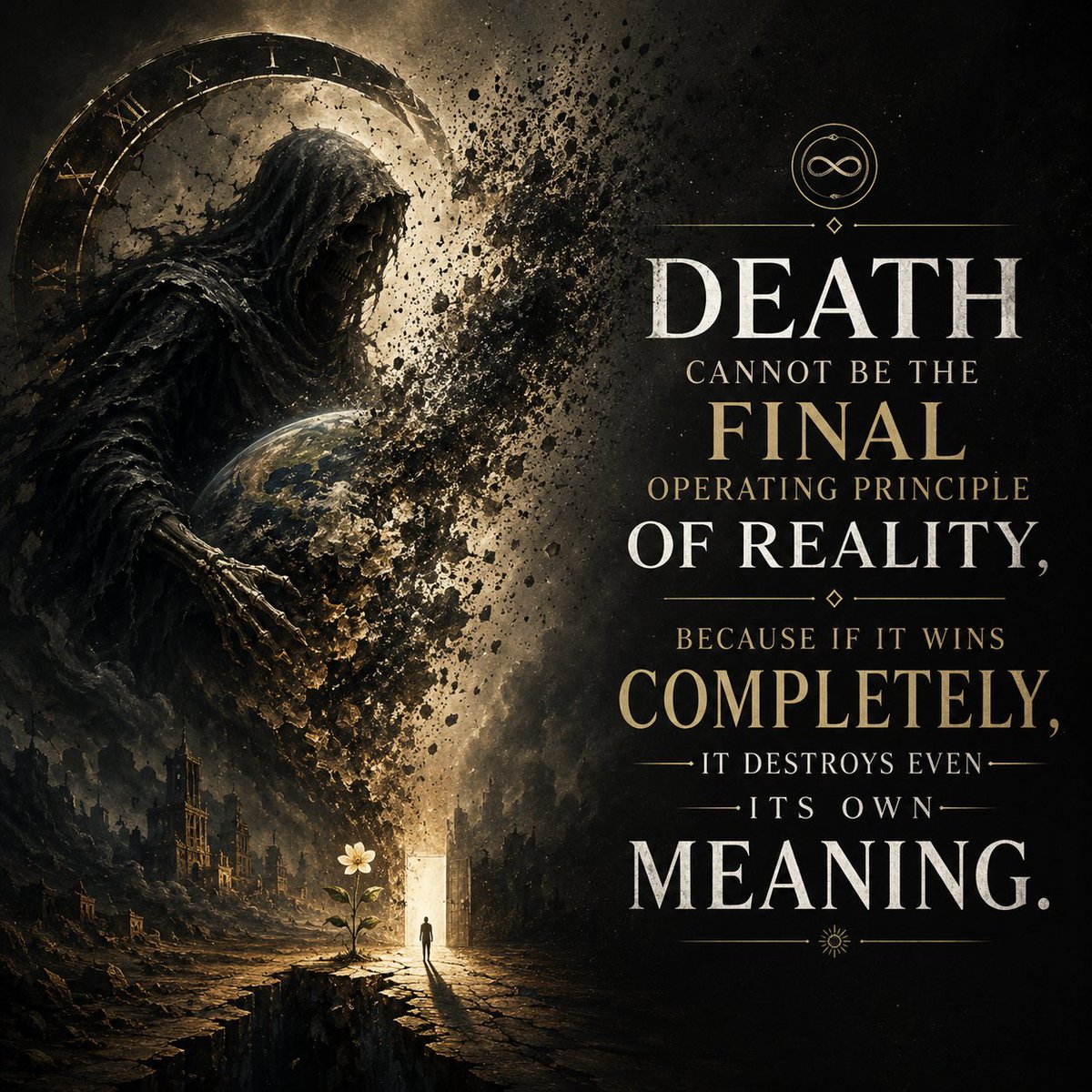 piano2precious's tweet photo. If death were to win completely, it would destroy even its own meaning.

That is the paradox:
death depends on life.
Without life, there is no death - only absence.

#Philosophy #Existence #Extinction #Meaning #Art #DigitalArt #ImreKolozsvary #Coriuminus https://t.co/IglUQywJl6