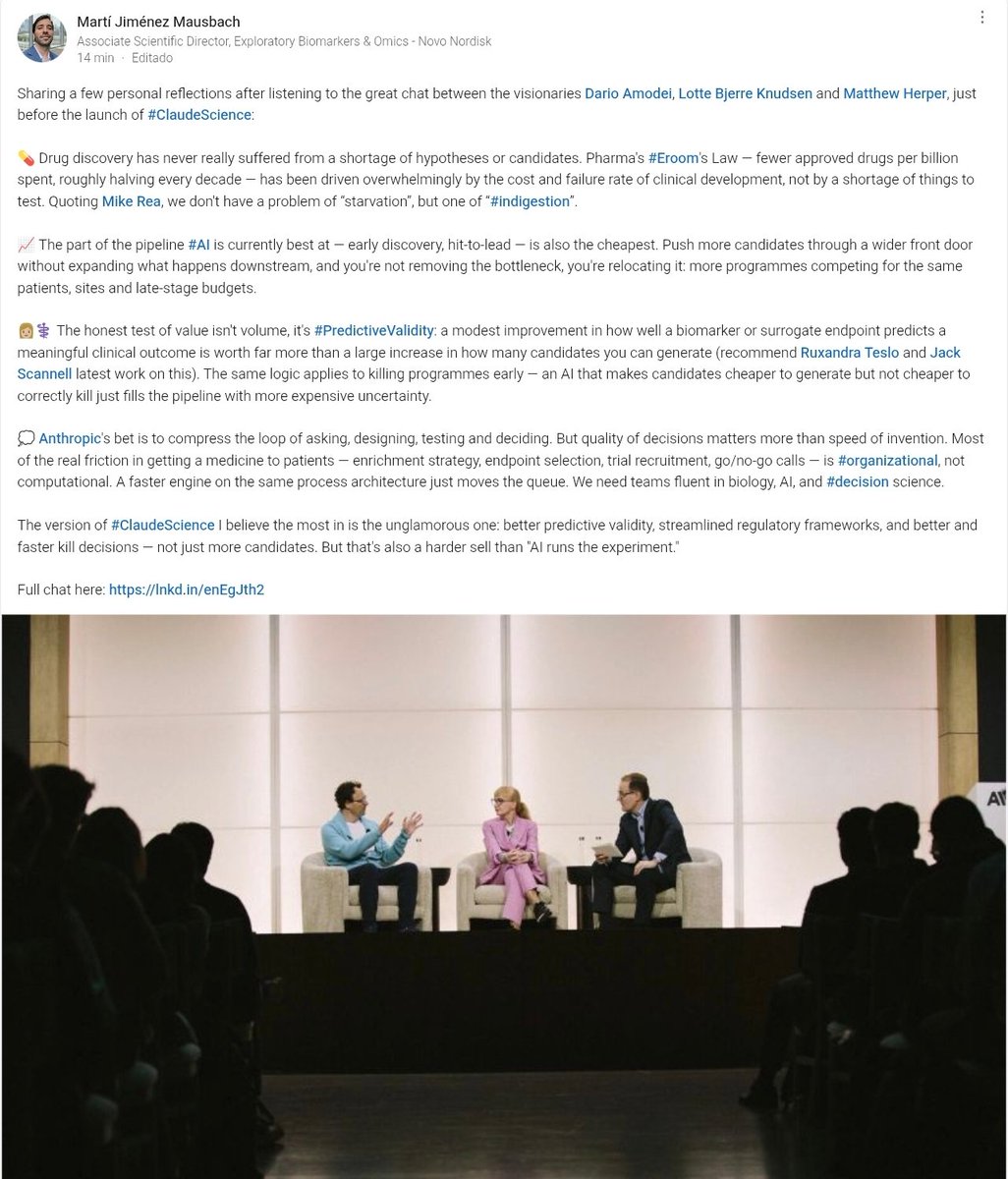 MartiJim7's tweet photo. Sharing a few personal reflections on the launch of #ClaudeScience, the role of #AI in drug development and the opportunities, but also challenges, on improving #decision science in pharma.
https://t.co/vMqBYgZhJz https://t.co/WOrKmgE3vY