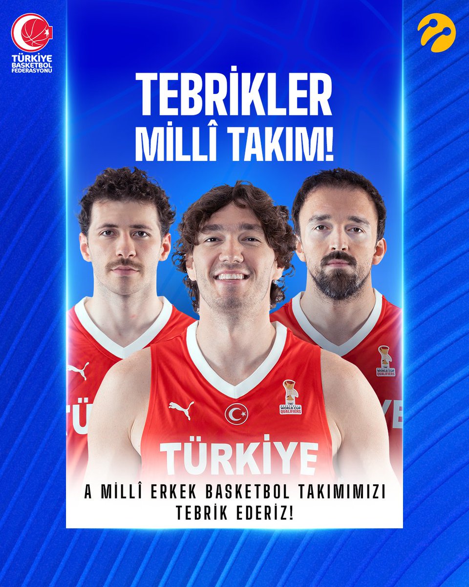 Turkcell's tweet photo. A Millî Erkek Basketbol Takımımız, 2027 FIBA Dünya Kupası Elemeleri’nde İsviçre'yi 95-72 mağlup etti. 

Tebrikler! 🇹🇷 https://t.co/d3rdWMR6rm