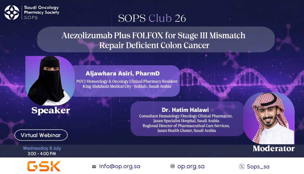SOPS_SA's tweet photo. Get ready for another enriching #SOPS_CLUB26 session featuring the latest clinical evidence shaping oncology practice. 
As we continue bringing the latest evidence and therapeutic advances directly into oncology practice

🗓 Wednesday, 8 July 2026
⏰ 3:00 PM – 4:00 PM
💻 Virtual Webinar

🔗 Registration: https://t.co/497lXWbtTm

This session will feature a Journal Club discussing the emerging role of Atezolizumab plus FOLFOX for Stage III Mismatch Repair-Deficient Colon Cancer, followed by a Satellite Symposium exploring The New Treatment Landscape in Advanced Ovarian Cancer.

Join leading oncology pharmacy experts as they translate the latest clinical evidence into practical insights that support evidence-based decision-making and improve patient care.

We look forward to welcoming you online!