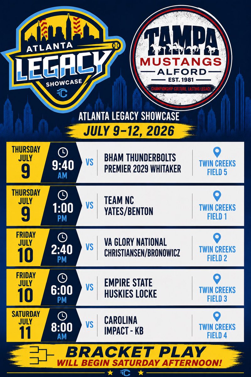 16uAlford's tweet photo. 🥎 We’re headed to Atlanta for the @legacyshowcase1!

📍 Twin Creeks Complex | July 9–12

College coaches - we’d love to see you at the fields! Schedule below. ⬇️
@SoftbalAmerica @ExtraInningSB @SoftballDown @LineDsoftball @softballhype @CoastRecruitsSB @TopPreps @THEWOWSB https://t.co/0Z6e4o7J2M