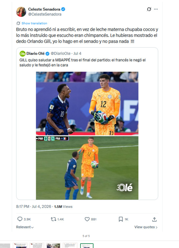 noeliaizarza's tweet photo. Estimado Presidente Santiago Peña (@SantiPenap):

Le escribo como periodista acreditada en la Copa Mundial de la FIFA 2026, como latinoamericana y como una persona que cree profundamente que el deporte debe unir a los pueblos, no dividirlos.

Las declaraciones de la senadora Celeste Amarilla (@CelesteSenadora) contra Kylian Mbappé no solo son ofensivas; proyectan una imagen de intolerancia que no representa los valores que muchos admiramos del pueblo paraguayo.

Cuando una figura pública utiliza expresiones que pueden interpretarse como racistas o discriminatorias, el daño trasciende una opinión personal. Sus palabras terminan representando a un país entero y deterioran su imagen ante el mundo.

Que Kylian Mbappé, uno de los futbolistas más importantes del planeta, haya sentido la necesidad de responder públicamente demuestra la magnitud de lo ocurrido. Paraguay merece ser noticia por el talento, la pasión y la calidad de su fútbol, no por este tipo de episodios.

Por ello, considero que corresponde un pronunciamiento claro de las instituciones y, de ser procedente, las acciones disciplinarias que establezcan las normas paraguayas. No por censurar opiniones, sino porque quienes ocupan cargos de representación tienen una responsabilidad mayor sobre el impacto de sus palabras.

Estoy convencida de que la inmensa mayoría de los paraguayos no comparte este tipo de expresiones. El fútbol despierta emociones intensas, pero nunca debe convertirse en una excusa para la discriminación.

Ojalá este episodio sirva para reafirmar que el respeto siempre debe estar por encima de cualquier rivalidad deportiva  

Noelia Izarza