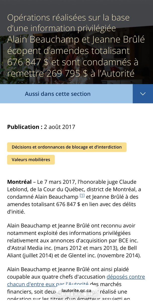 KevHoude's tweet photo. J'ai reçu un courriel anonyme. J'ai vérifié ce qui m'a été envoyé et tout est véridique. Alors, je vous le partage.

---------------------------

Véronique Venne, candidate officielle du Parti québécois dans Joliette, est fiancée à Francis Beauchamp.

- Mai 2018 : Francis Beauchamp plaide coupable à **9 chefs de délit d’initié**. Condamné à **499 940 $** d’amendes + **191 253 $** à remettre à l’AMF (Cour du Québec, juge Serge Délisle).

- 2017 : Ses parents, Alain Beauchamp et Jeanne Brûlé, sont condamnés pour délit d’initié dans un réseau de tuyautage d’informations privilégiées. Amendes totales **676 847 $** + restitution **269 795 $**.

Ces décisions sont toujours en ligne sur le site officiel de l’Autorité des marchés financiers.

La famille a aussi fait des dons au PQ au fil des ans (consultable sur le site d’Élections Québec).

Le délit d’initié est un crime financier grave (utilisation d’informations privilégiées pour trader ou en faire profiter d’autres).

Paul St-Pierre Plamondon accuse régulièrement les autres partis (surtout la CAQ, les libéraux, et parfois les conservateurs) de corruption, de criminalité ou de manque d’intégrité. Souligner que le PQ présente une candidate dont le fiancé et les beaux-parents ont des casiers pour crime financier est un angle politique pertinent. #polqc