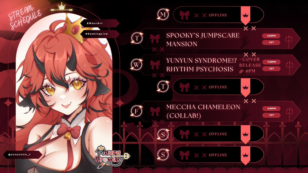 MauraTheGoat's tweet photo. schedule for this week!! ~♡ˎˊ˗  

i’m gonna be playing Spooky’s Jumpscare Mansion to train me into a brave goat!
then playing more Yunyun Syndrome! (i didn’t buy that dlc for nothing…)
and a MECCHA CHAMELEON collab!

ALSO: ROT FOR CLOUT COVER DROPS ON WEDNESDAY‼️❤️
#GoatingLive https://t.co/QtuKxKRf6V