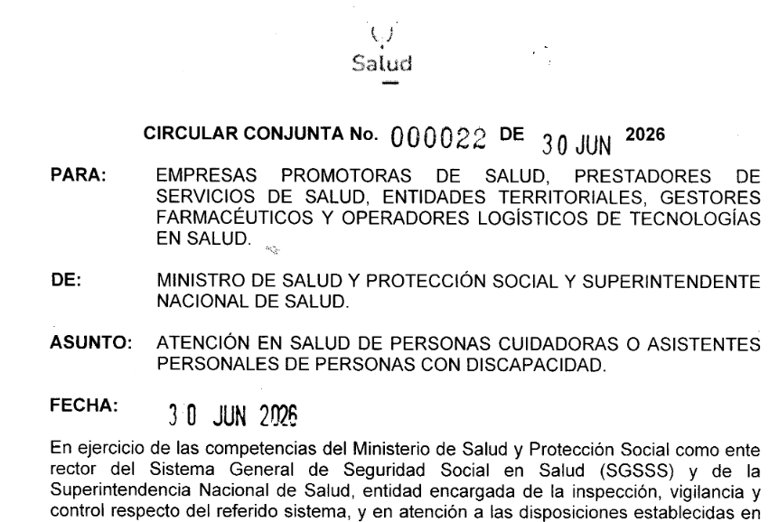 NormatividadCEL's tweet photo. ▶️Circular Conjunta 22/2026. Atención en Salud de Personas Cuidadoras o Asistentes Personales de Personas con Discapacidad https://t.co/RjirJNdhNa https://t.co/INOsIOlNpS
