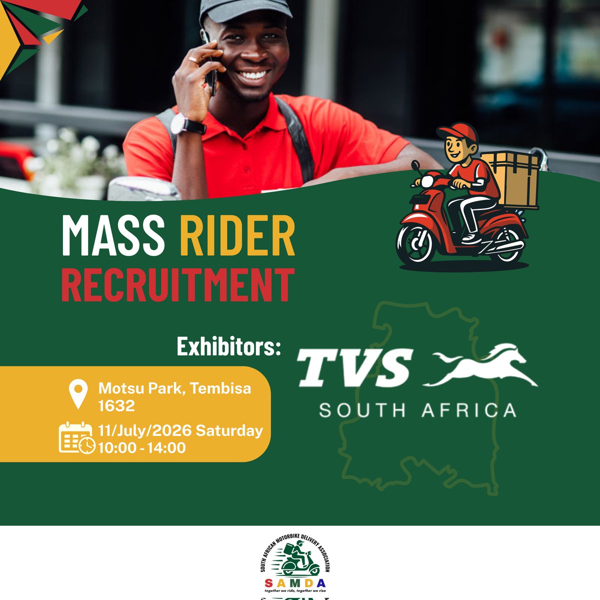 samda_za's tweet photo. @samda_za Mass Rider Recruitment Drive in Tembisa 

Join us on the 11th of July 2026
📍 Motsu Park, Tembisa 1632

#SAMDA #AsipheliMoya #MassRiderRecruitment https://t.co/PsWByyO2QV