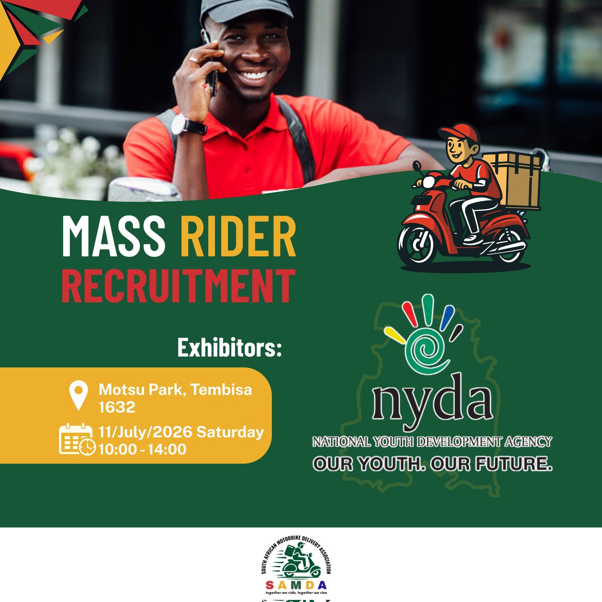 samda_za's tweet photo. @samda_za Mass Rider Recruitment Drive in Tembisa 

Join us on the 11th of July 2026
📍 Motsu Park, Tembisa 1632

#SAMDA #AsipheliMoya #MassRiderRecruitment https://t.co/PsWByyO2QV
