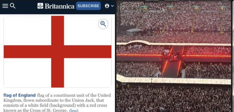 DeluriaD's tweet photo. Education time for antis.
On the left we have the flag of England, (as per Encyclopedia Britannica because I’m a nerd if it wasn’t clear 😃).
On the right we have Harry’s stage for N12 that coincided with the England game.
If it looks intentional it’s because it is, at the level Harry is professionally every second of the show is carefully planned.
Now think about the blue and green fish (hint hint: that’s intentional too).
And you know what they say, if it looks like a duck and quacks like a duck, Larry is real.😉