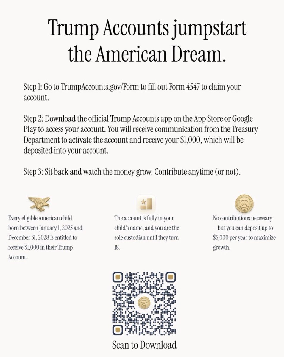 RepMaryMiller's tweet photo. Trump Accounts are now LIVE! Every American child born between January 1, 2025, and December 31, 2028, can receive a $1,000 investment account. 

It's an opportunity to help fund:
• A college education
• A first home
• A lifetime of financial security

Sign up your child today: https://t.co/D0RZ6IgTUR.