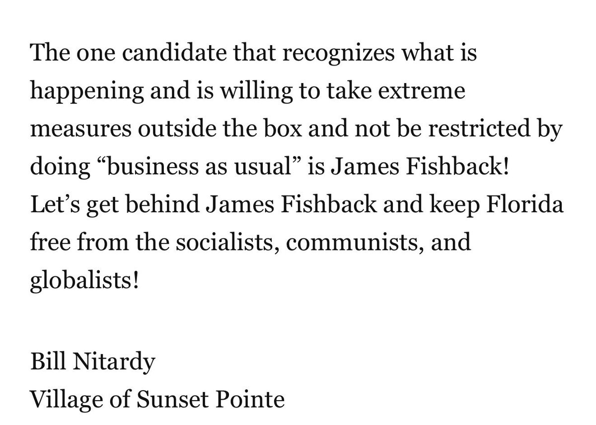 KingstonBooke's tweet photo. The Villages News publishes glowing article in support of James Fishback

“The one candidate that recognizes what is happening and is willing to take extreme measures outside the box and not be restricted by doing “business as usual” is James Fishback!” https://t.co/P48CyO3M3p