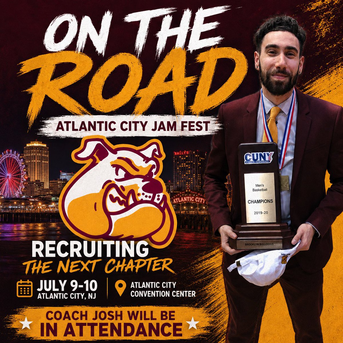 brooklynmbb's tweet photo. 🏀 Coach Josh will be at Atlantic City Jam Fest (July 9-10) recruiting for Brooklyn College Men’s Basketball. AAU coaches and players: DM your game schedule (team, court &amp; times). We’re looking for the next class of Bulldogs. https://t.co/iw2i5LXpC2