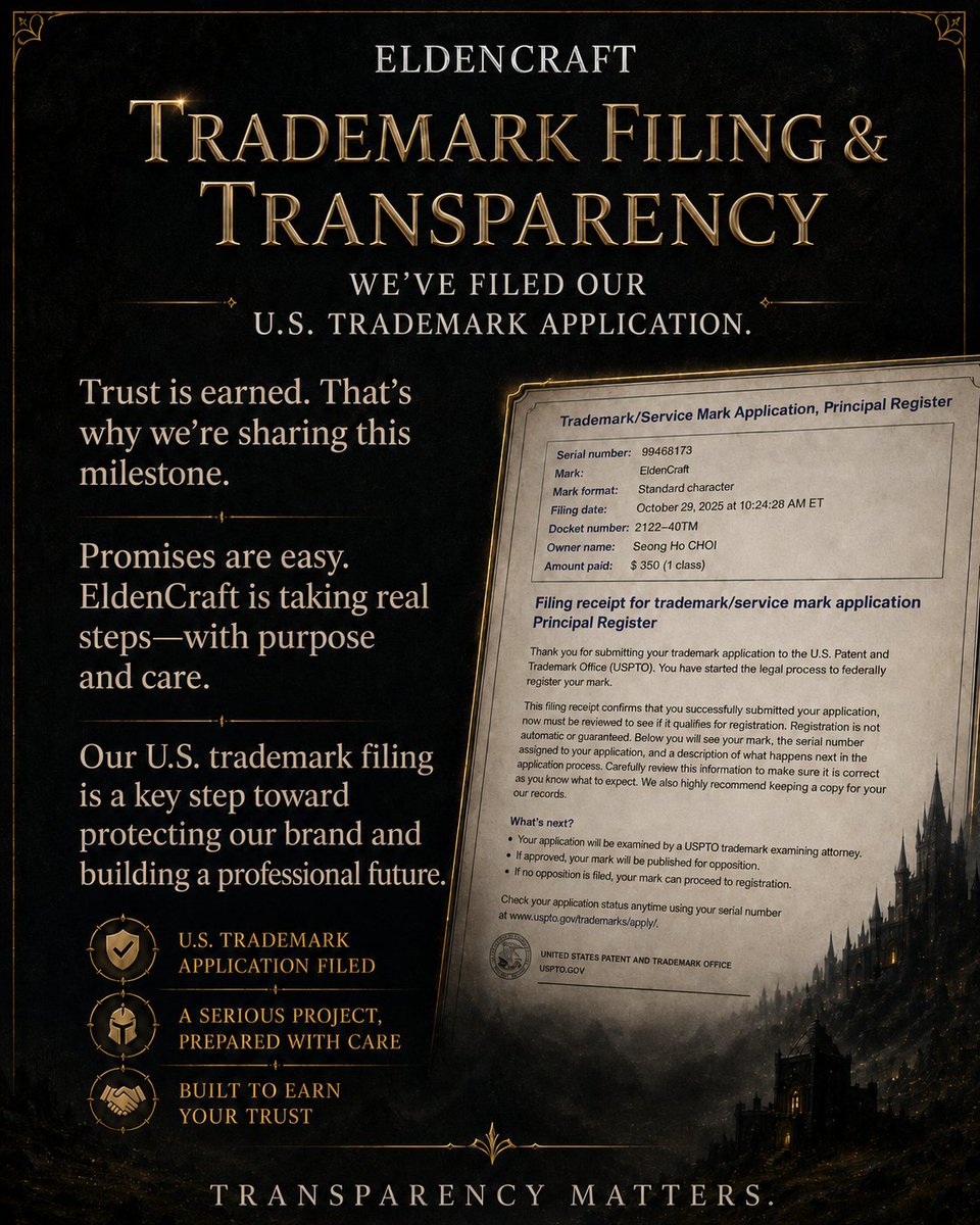 EldenCraft_'s tweet photo. Trust is earned through action.

EldenCraft has completed its U.S. trademark filing — a step toward protecting our brand and building with transparency, professionalism, and care.

Kickstarter coming soon.

https://t.co/PQHYicgVcs

#WizardLight #Kickstarter #boardgamegeek #TTRPG https://t.co/jjHNrHoQx2