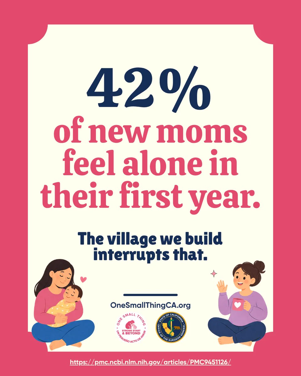 A poster with a pink border displays the following text: "42% of new moms feel alone in their first year. The village we build interrupts that." Below the text are illustrations of two individual sitting with one holding a baby. The website "OneSmallThingCA.org" and a URL appear at the bottom, along with logos for One Small Thing and logo of the Office of the California Surgeon General. 