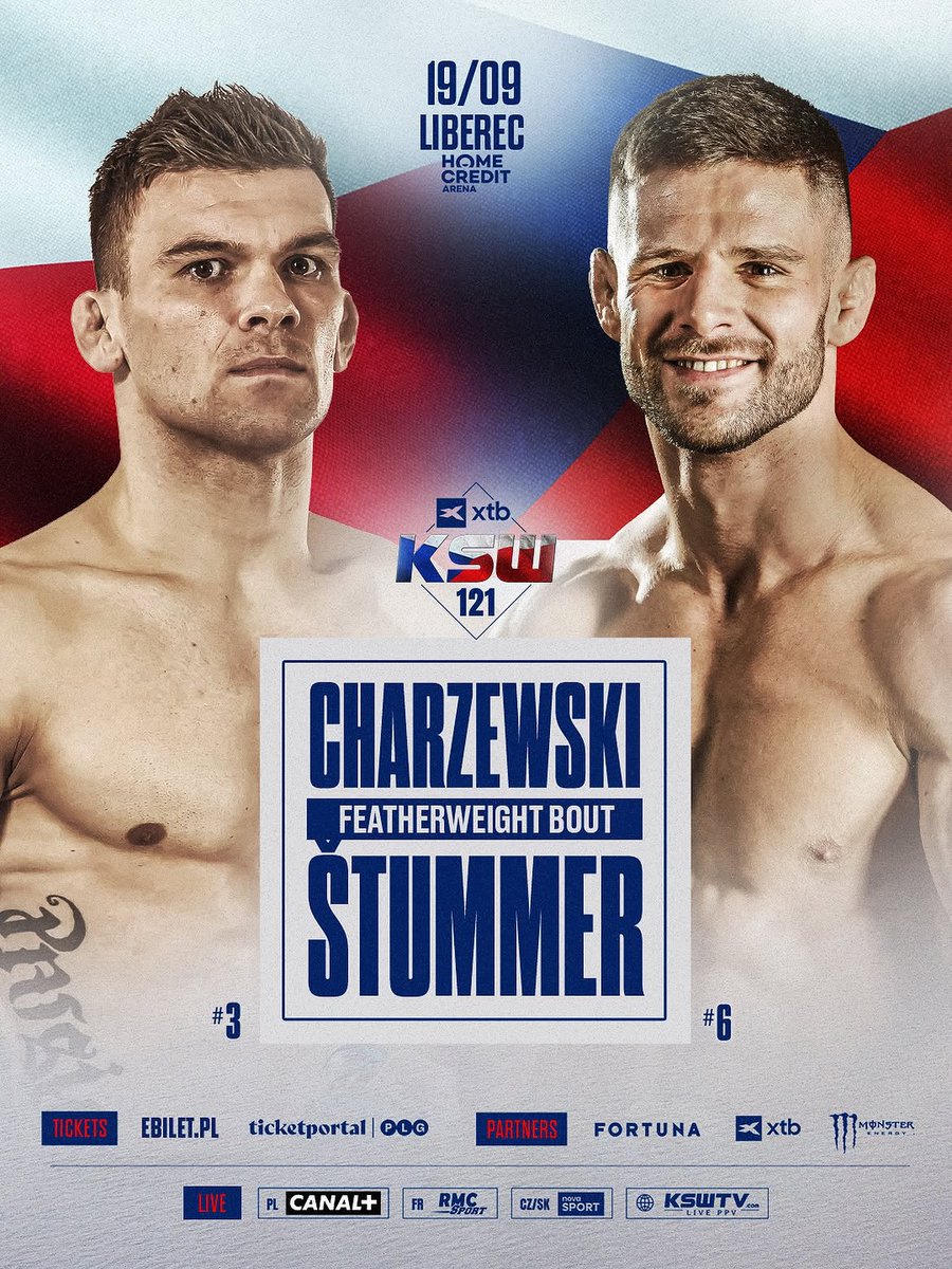 KSW_MMA's tweet photo. After two big wins Łukasz Charzewski 🇵🇱 is coming back to Czech Republic to face a fellow top featherweight contender in Josef Štummer 🇨🇿.
XTB #KSW121 | SEP 19 | Liberec | @eBiletPL & @ticketportalCZ
************
Kdo se přiblíží vrcholu? 👀 Štummer vs Charzewski na XTB #KSW121 v Liberci 🇨🇿
Pepa vs Hary, to bude mega souboj pérové váhy, který nám dost napoví o dalším titulovém challengerovi 💪🏻 Domácí Josef Štummer 🇨🇿 (7-2) bude hájit v liberecké 🏟️ Home Credit Arena svojí šňůru tří výher v řadě, ale proti němu se představí Łukasz Charzewski 🇵🇱 (15-3-1), velmi zkušený a ostřílený borec 💪🏻 Tuhle bitvu musíš vidět 😍 Vstupenky rychle mizí 😮@ticketportalCZ🎟️