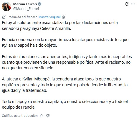 UltimaHoraCR's tweet photo. #Mundo| La ministra francesa de Deportes, Marina Ferrari, se declaró escandalizada luego de que la senadora paraguaya Celeste Amarilla se refiriese al jugador Kylian Mbappé como “bruto, no aprendió ni a escribir, en vez de leche materna chupaba cocos y lo más instruido que escuchó fueron chimpancés”. 

Mbappé, por su parte, aseguró que la senadora es indigna de su cargo y no representa a Paraguay.

Vía @EddyMosquera0
https://t.co/woHMRjWbSk
